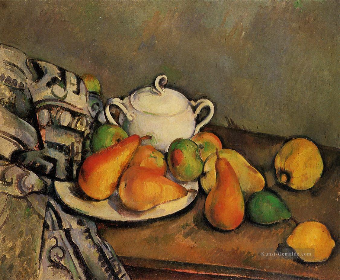 Sugarbowl Birnen und Tischdecke Paul Cezanne Ölgemälde